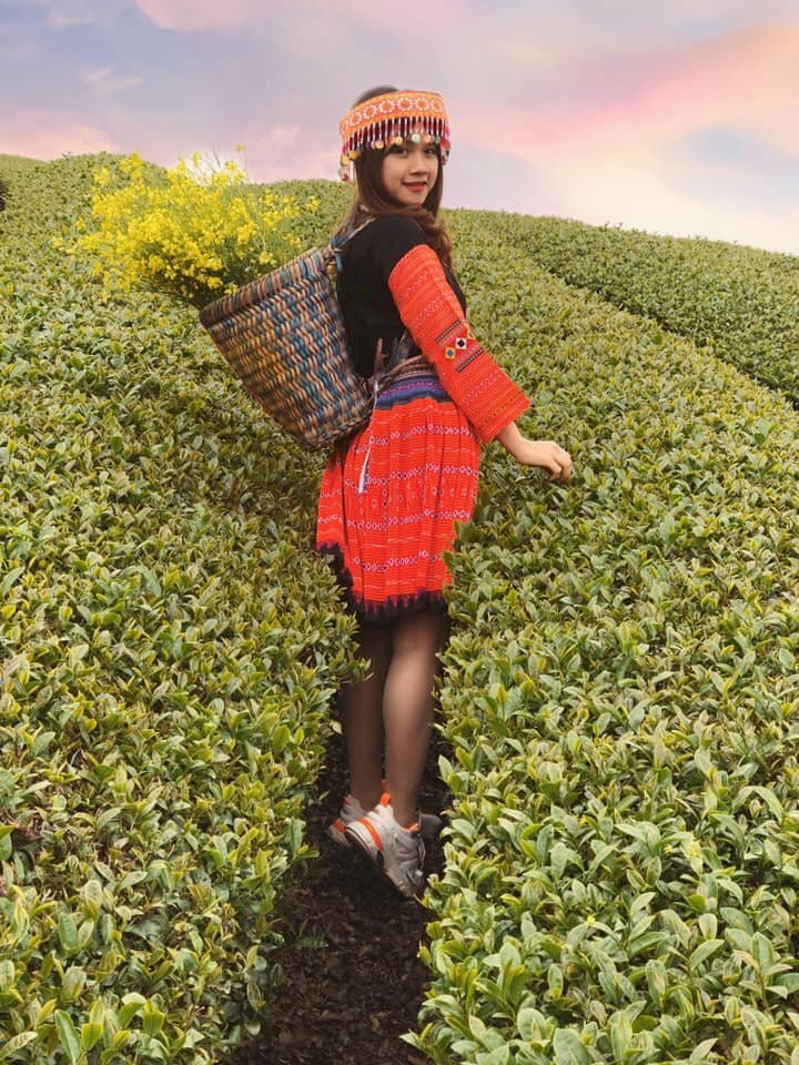 Tạo dáng xinh xắn dễ thương của cô gái diện chiếc váy truyền thống trên đồi chè, dưới hoàng hôn tuyệt đẹp, vai mang gùi chứa đầu hoa, tay chạm lá trà, mặt quay về ống kính, góc chụp từ sau lưng