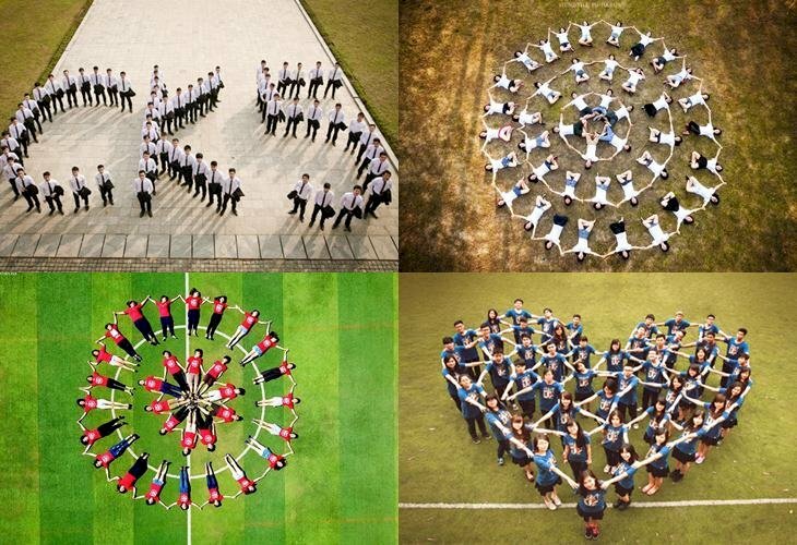 Tạo dáng chụp kỷ yếu nhóm với cách xếp chữ, xếp số, xếp hình với đa dạng mẫu xếp như xếp tên lớp, xếp hình trái tim, hình tròn,...