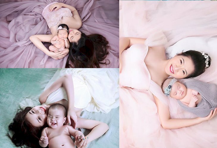 Cách tạo dáng chụp ảnh cho mẹ và bé sơ sinh với kiểu tạo dáng mẹ và bé cùng nằm trên giường, bé nằm ngược hướng mẹ và đầu tựa vào vai mẹ hoặc đặt bé nằm trên vai mẹ, mẹ vòng 1 tay lên giữ lấy bé.