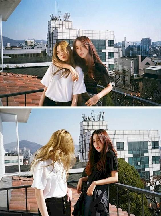 Cách tạo dáng chụp ảnh đôi nữ cực chất trên sân thượng với kiểu ôm vai bá cổ.