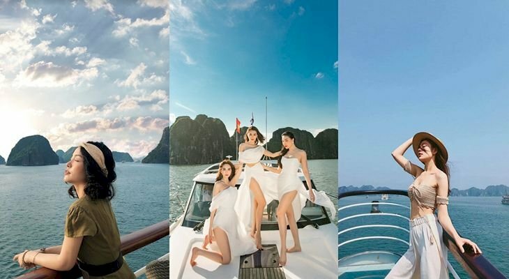 Cách tạo dáng chụp ảnh trên tàu biển cho nữ dịu dàng nhẹ nhàng, 1 tay đặt lên lang cang tàu, 1 tay đưa nhẹ lên giữ nón.