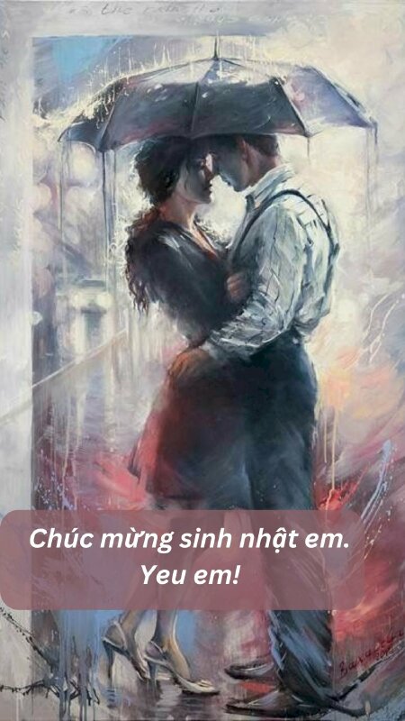 Hình ảnh cặp tình nhân tựa đầu vào nhau kèm dòng chữ chúc mừng sinh nhât