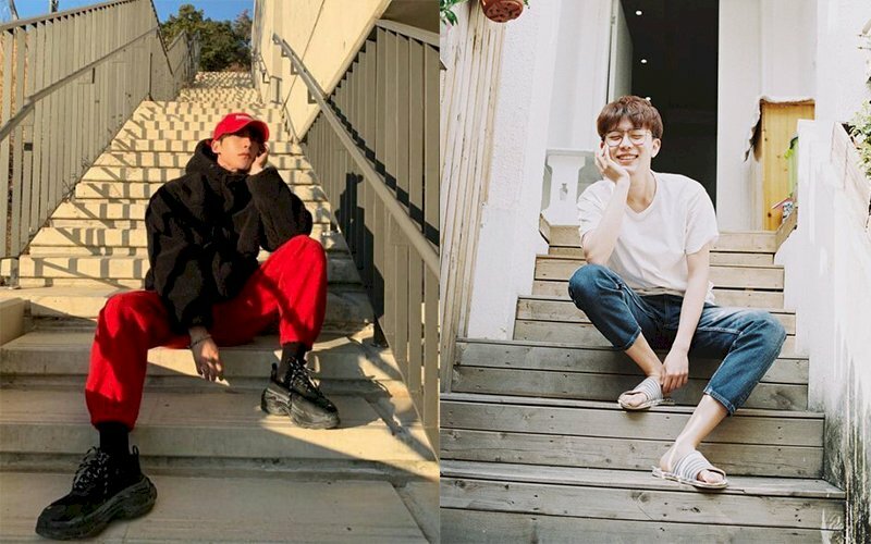 Cách tạo dáng chụp ảnh ngồi trên cầu thang nam cực chất với dáng ngồi đặt 1 chân trước 1 chân sau, hai chân dang rộng, đặt 1 tay xuống xuống phía trước và đưa 1 tay lên chống cằm.