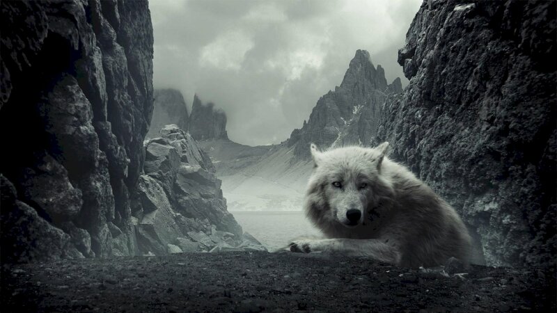 Hình ảnh chú cáo tuyết bộ lông trắng cuộn người buồn bã giữa bạt ngàn núi non hùng vỹ