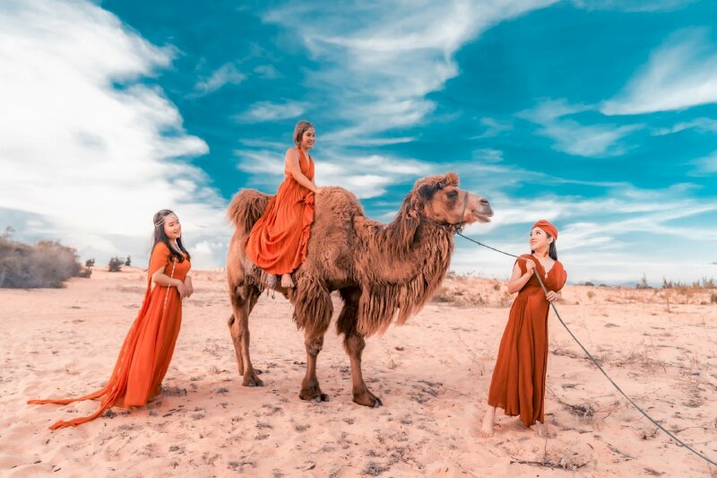 Cách tạo dáng chụp ảnh trên đồi cát cho nhóm bạn thân 3 người và lạc đà, với dáng này 1 người đứng trước dẫn lạc đà đi, 1 người ngồi trên lưng lạc đà, một người đi theo sau.