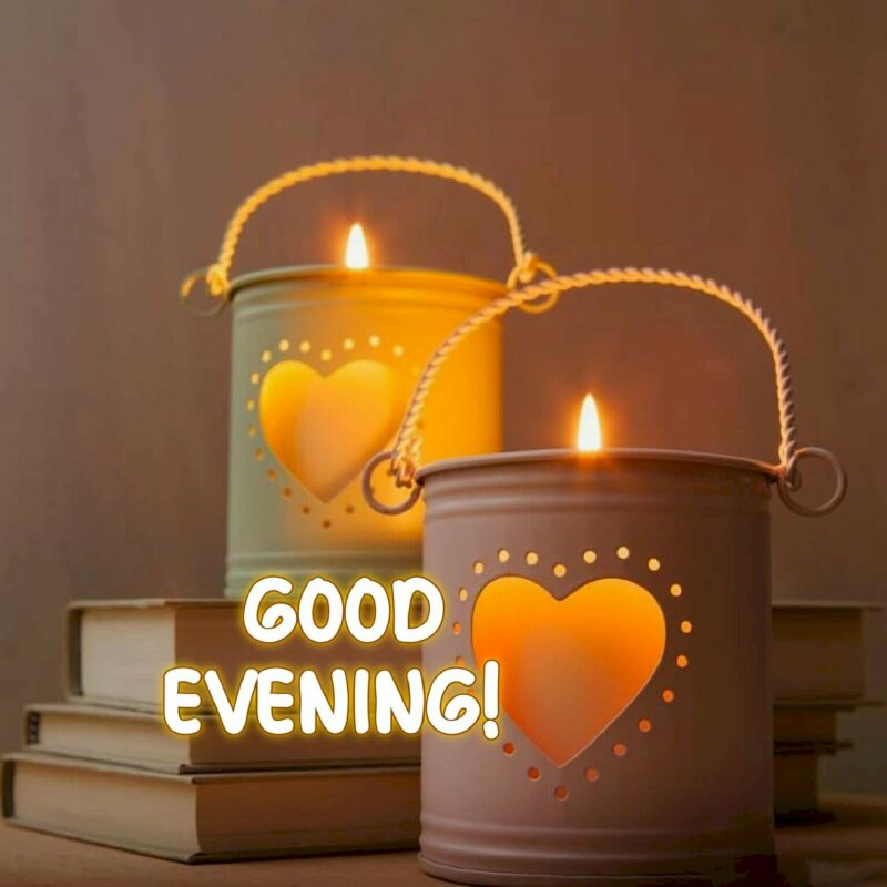 Hình ảnh 2 ly đèn rực sáng hình trái tim lãng mạn gửi lời chúc buổi tối đến người yêu