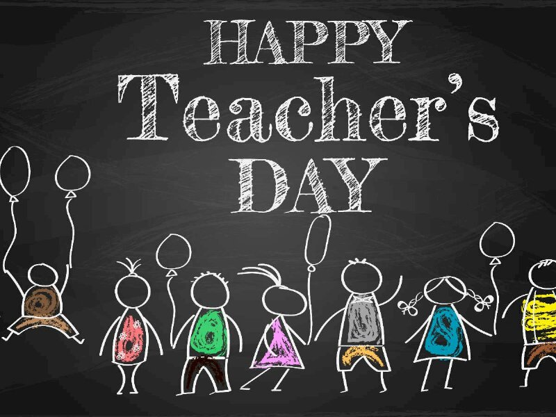 Hình vẽ đám trẻ đang nô đùa với dòng chữ mang lời chúc Happy Teacher Day