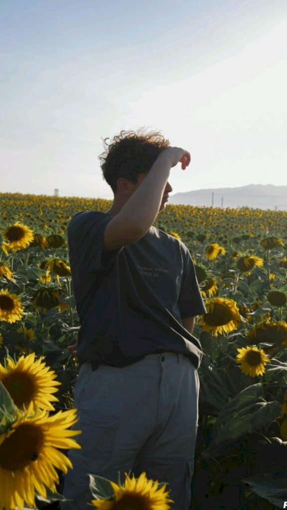 Kiểu chụp ảnh tạo dáng nam ngoài trời một tay đưa vào túi quần, 1 tay che nắng đứng giữa cánh đồng hoa hướng dương bầu trời đầy nắng