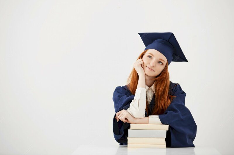 Kiểu tạo dáng nữ khi chụp kỷ yếu đơn giản đầy mộng mơ với nền background màu trắng, tay chống lên sách, tay còn lại tựa vào má, đầu hơi nghiêng, mắt nhìn lên về phía xa, miệng cười nhẹ