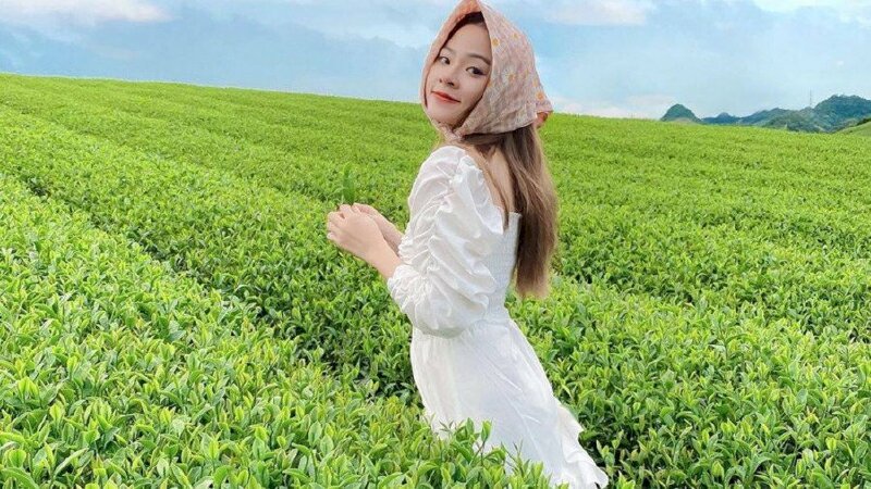 Kiểu tạo dáng dễ thương trong chiếc đầm trắng, 2 tay cầm lá chè non, đầu đội khăn choàng mặt quay về ống kính, miệng cười mỉm