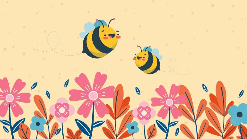 Hình ảnh 2 con ong vàng gương mặt tươi cười dễ thương đang bay trên vườn hoa
