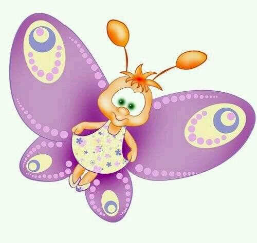 Hình vẽ con bướm dễ thương chibi đang cầm váy với đôi cánh màu tím, có họa tiết.