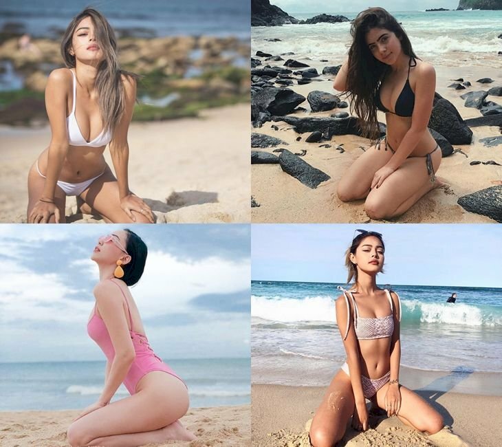 Cách tạo dáng chụp ảnh bikini ở biển với kiểu Bambi Pose, với dáng chụp này hãy ngồi quỳ gối, duỗi thẳng đùi và đặt trọng tâm lên đầu gối để có một bức ảnh đẹp gợi cảm.