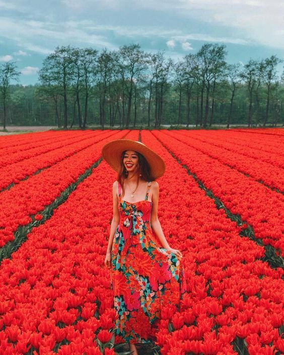 Cách tạo dáng chụp ảnh ở vườn hoa khi đang đứng, với cách này hãy đứng giữa luống đi vườn hoa, đứng hơi nghiêng người với 1 chân bước đi trước và 1 chân bước theo sau, 1 tay bạn đưa lên cần váy, khuôn mặt bạn nữ tươi cười, sẽ tạo nên 1 bức ảnh đẹp với cánh đồng hoa trái dài. 