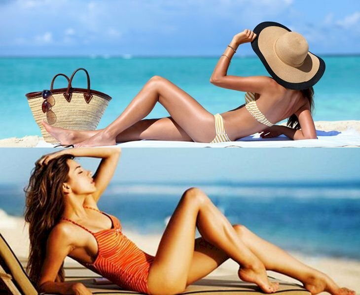 Cách tạo dáng chụp ảnh bikini ở biển với dáng nằm trên bãi cát, với dáng này hãy nằm hững hờ, lấy 1 tay chống lên cát, 1 tay còn lại đưa lên cầm nón hoặc vuốt tóc, đặt 1 chân hơi co, 1 chân thẳng.