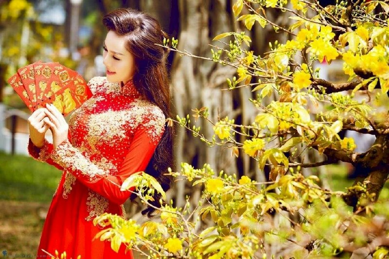 Tạo dáng đứng thật tự nhiên, hai tay cầm những chiếc bao lì xì đưa lên, đầu hơi nghiêng về phía hoa, mắt nhìn những chiếc bao lì xì, miệng cười tươi