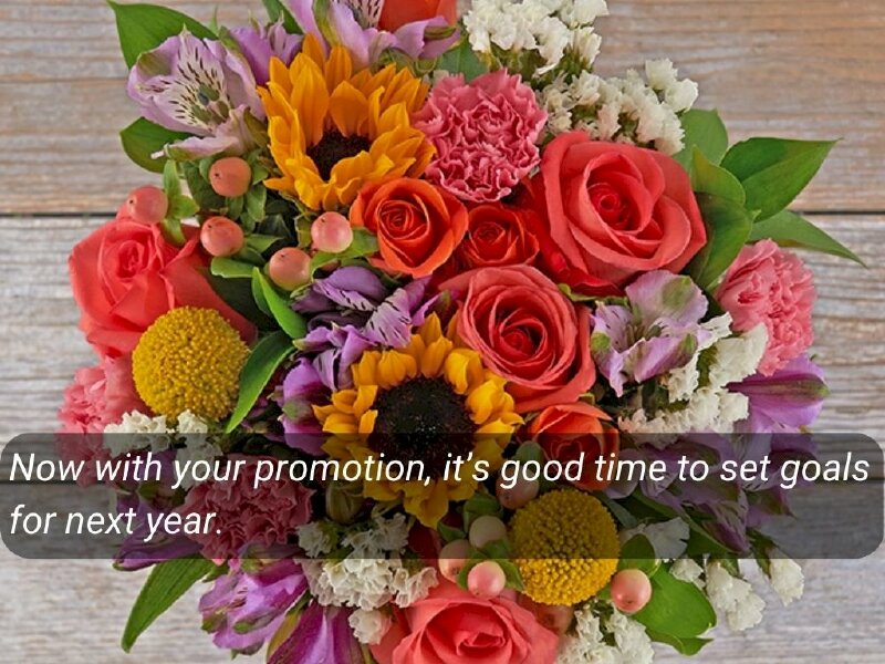 Hình ảnh hoa hồng, hoa hướng dương, hoa baby cùng lời chúc mừng thăng chức bằng tiếng anh