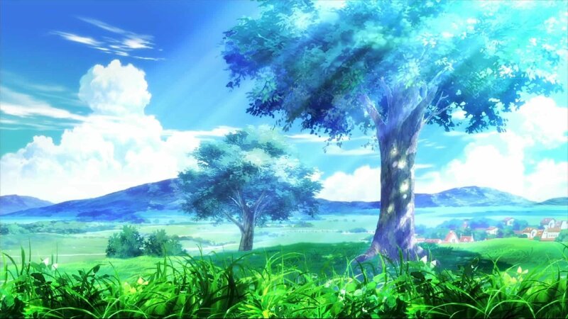 Hình ảnh anime trời xanh mây trắng hoà mình cùng cỏ cây thật nhẹ nhàng, bình yên