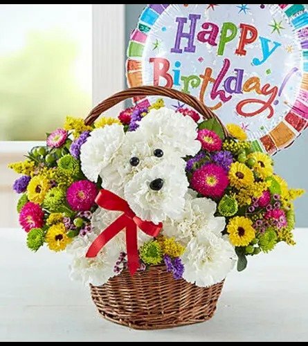 Hình hình họa giỏ hoa sinh nhật kết hình gấu vày những nhành hoa white thiệt dễ dàng thương