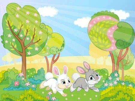 Hai chúng ta thỏ xinh xẻo chạy tung tăng đùa hí hửng bên trên kho bãi cỏ, hình hình ảnh phim hoạt hình cute