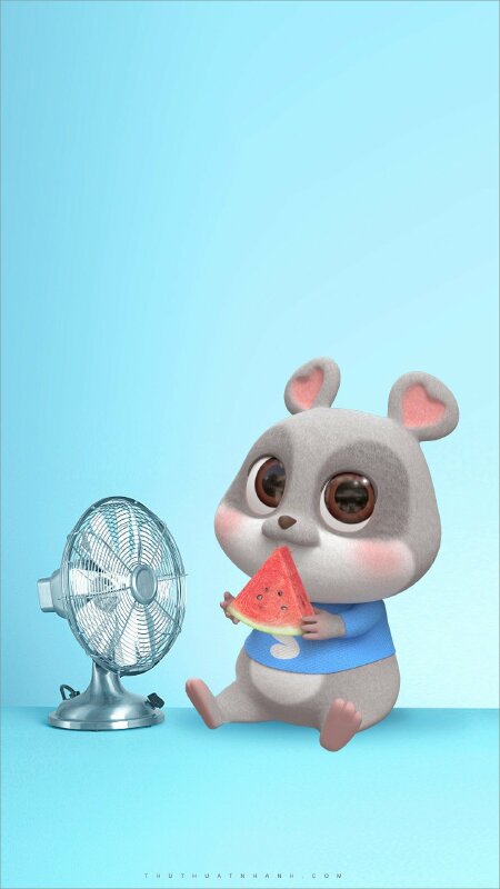 Hình ảnh chú chuột ngồi trước quạt máy ăn dưa hấu làm hình nền cute cho điện thoại
