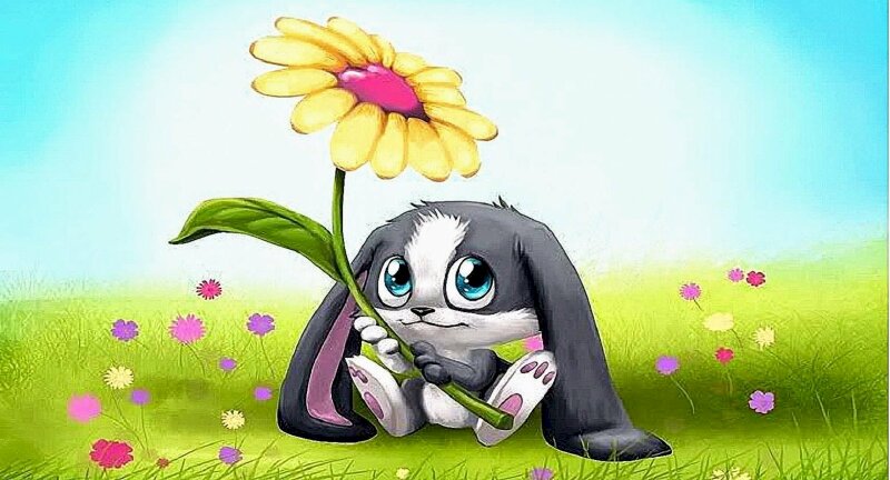 Hình vẽ xinh xắn thỏ xám ngồi rũ tai trên bãi cỏ lấy bông hoa che nắng