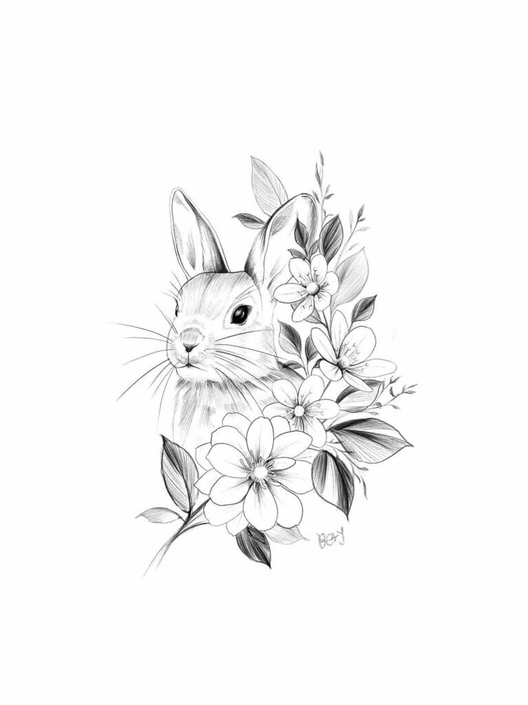 Mẫu hình xăm trắng và đen thỏ và hoa dành riêng cho chúng ta yêu thương quí sự đơn giản
