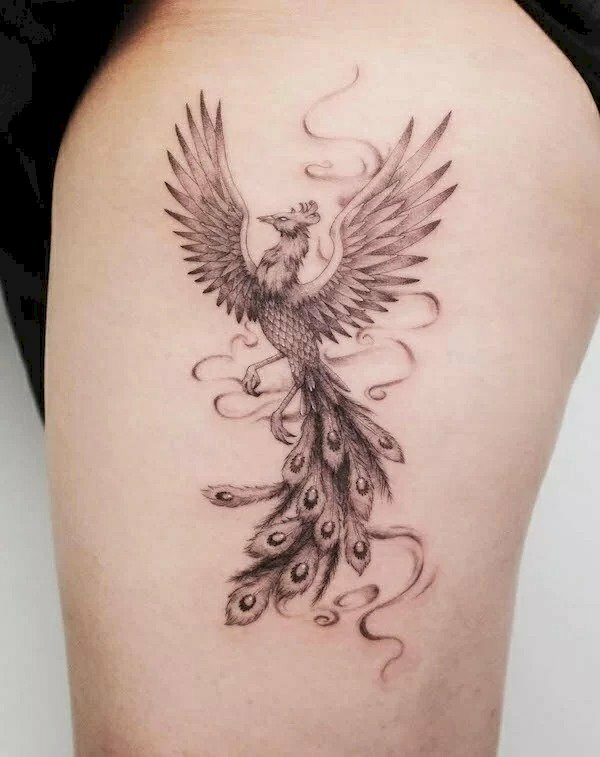 Hình xăm trắng đen đẹp hình ảnh phượng hoàng tung cánh