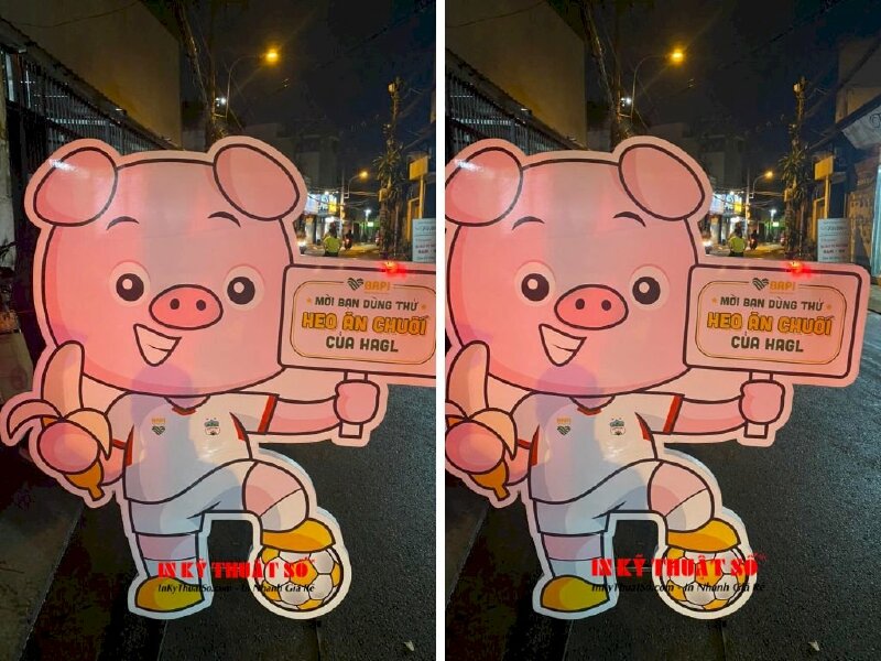Standee mô hình heo ăn chuối Bapi, in PP dầu cán fomex 5li gắn chân dựng sắt vuông - In Kỹ Thuật Số Since 2006