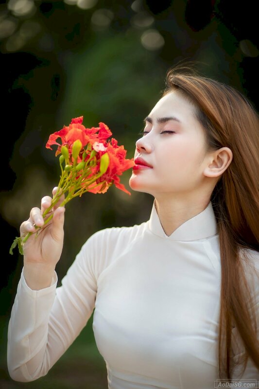 Tạo dáng với áo dài góc nghiêng cùng hoa phượng với thần thái mơ màng