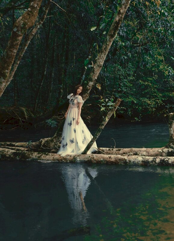 Tạo dáng đứng trên cây bắc ngang dòng suối, nghiêng người tựa nhẹ vào một thân cây, mặt quay nghiêng hướng nhìn xuống, hai tay để thẳng tự nhiên