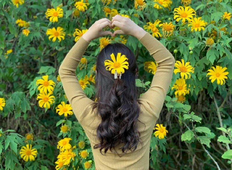 Tạo dáng chụp ảnh từ sau lưng với hoa dã quỳ cài tóc, hai tay đưa lên tạo hình trái tim
