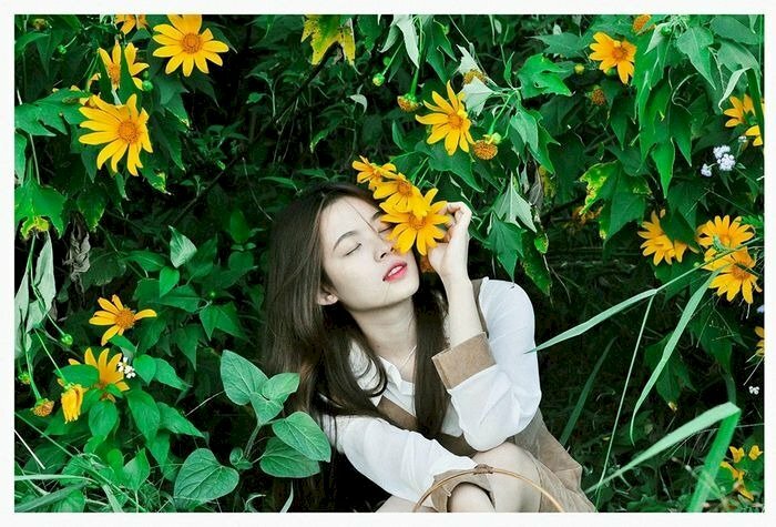 Tạo dáng ngồi giữa những đoá hoa dã quỳ vàng rực, khẽ nghiêng đầu nhắm mắt, tay đưa lên chạm nhẹ cành hoa