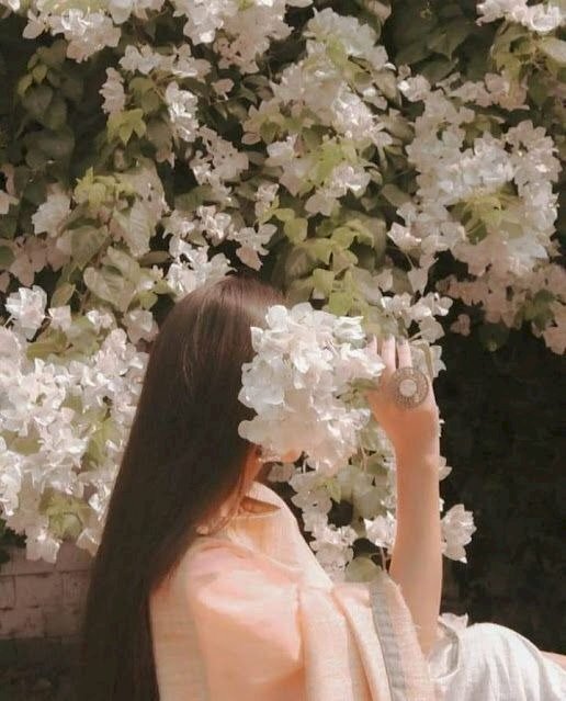 Tạo dáng chụp góc nghiêng, các cô nàng tóc dài thướt tha có thể tạo dáng sử dụng nhành hoa giấy che mặt