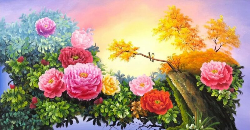 Tranh ảnh phong thủy hoa mẫu đơn 9 bông tuyệt đẹp tượng trưng cho sự trường tồn