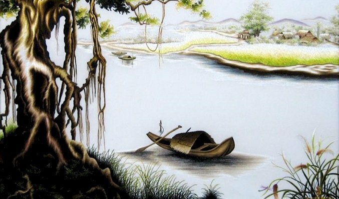 Hình ảnh con đò dưới tán cây đa bình yên