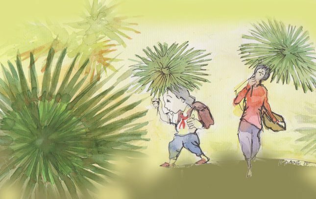 Tranh vẽ cọ xòe ô che nắng râm mát đường em đi