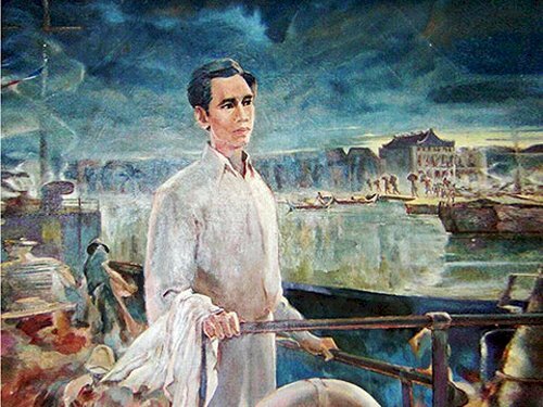 Tranh vẽ người thanh niên Nguyễn Tất Thành rời cảng Bến Nhà Rồng Sài Gòn với quyết tâm ra đi tìm đường cứu nước