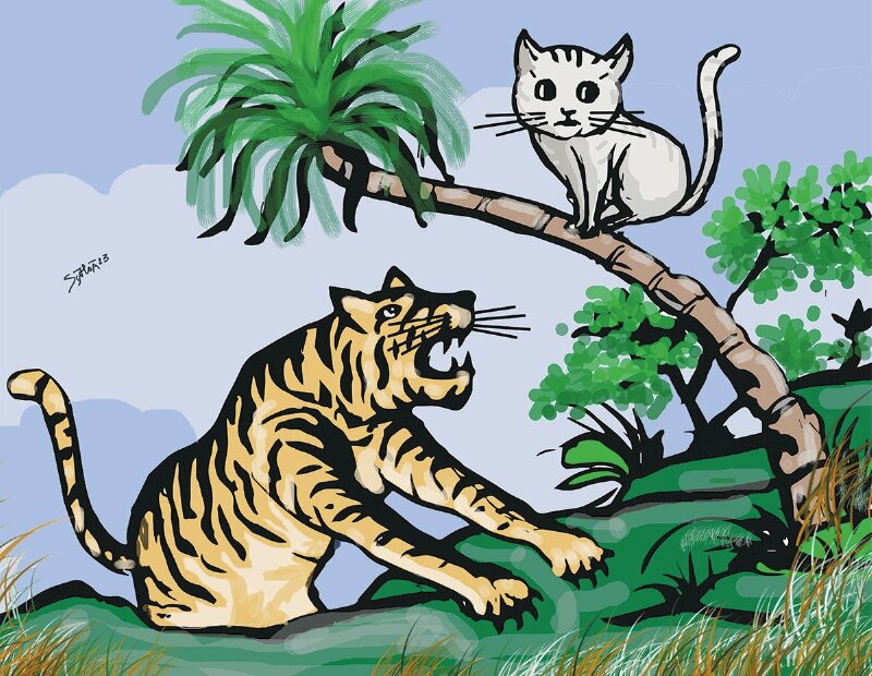 Tranh biếm họa mèo leo cây cau