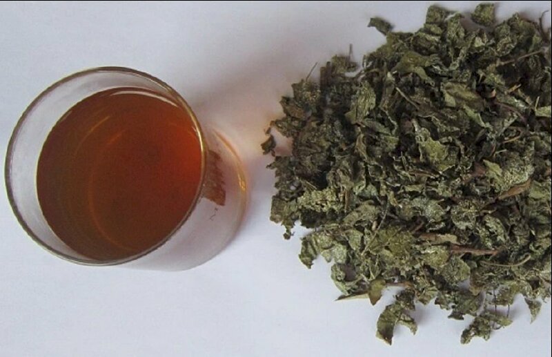 Hình ảnh tách trà bên cạnh những lá trà dây đã được phơi khô