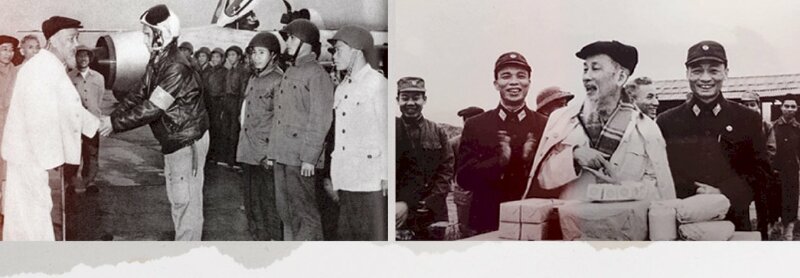 Hình ảnh Bác Hồ chúc Tết Đại đội phòng không - Không quân tại sân bay Nội Bài vào sáng mùng 1 Tết Đinh Mùi ngày 9/2/1967. Ảnh: Nhà báo Xuân Mai