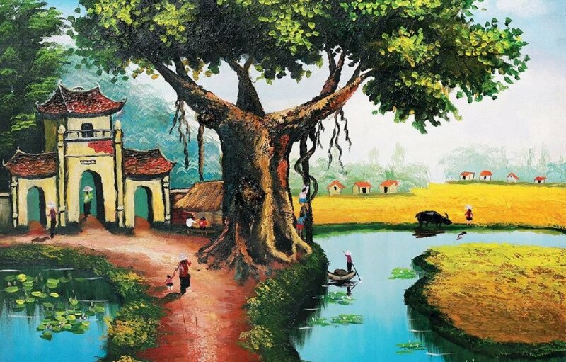 Hình ảnh cây đa nơi mái đình làng thanh bình tại một vùng quê Việt Nam