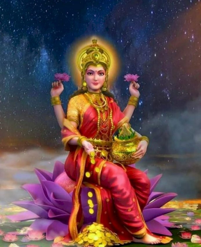 Hình ảnh Thần Laksmi ngồi trên bệ hoa sen tím tuyệt đẹp