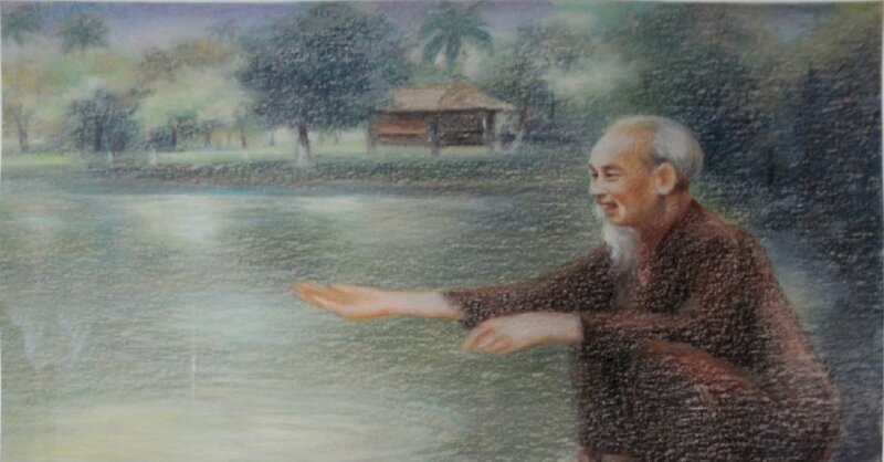 Tranh vẽ Bác Hồ cho cá ăn tuyệt đẹp