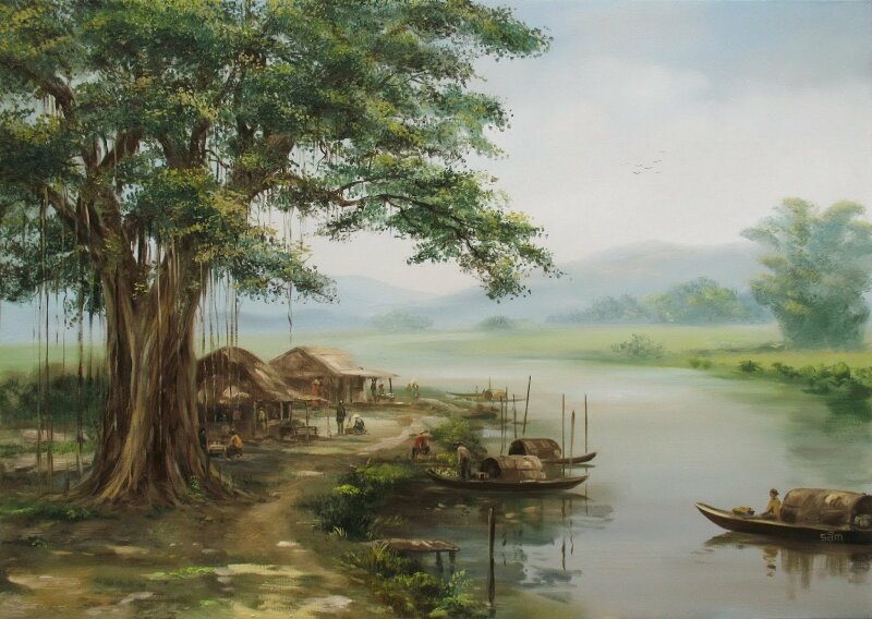 Tranh sơn dầu cây đa bến nước con đò rất chân thực và sống động