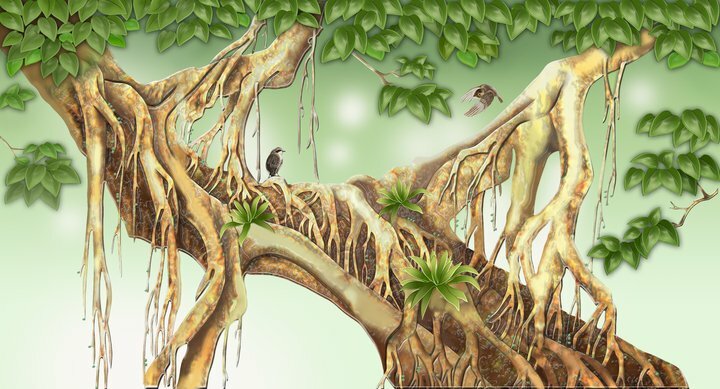 Hình vẽ nhánh cây đa cổ thụ có chú chim non dừng chân nghỉ mệt