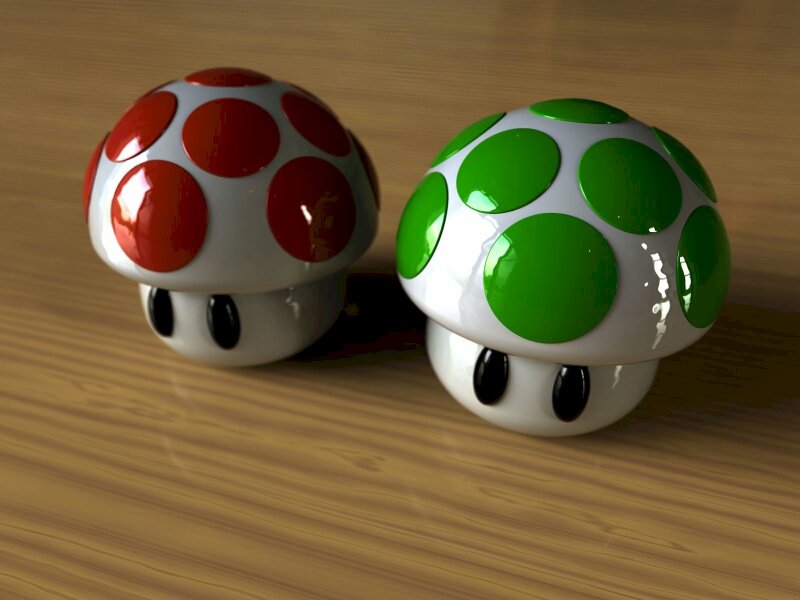 Ảnh nấm xanh và nấm đỏ với hai mắt đen to tròn