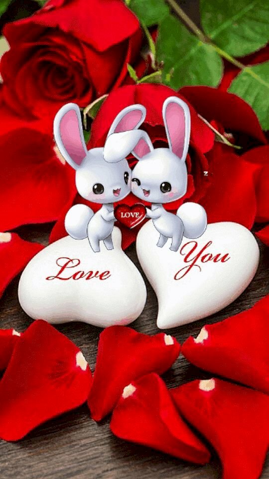 Hình ảnh hai chú thỏ xinh trên và nhánh hoa hồng đỏ tuyệt đẹp gửi lời chào ngày mới đến người yêu