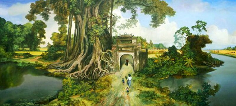 Hình ảnh cây đa nơi cổng đình dẫn vào ngôi làng quê hương bình yên