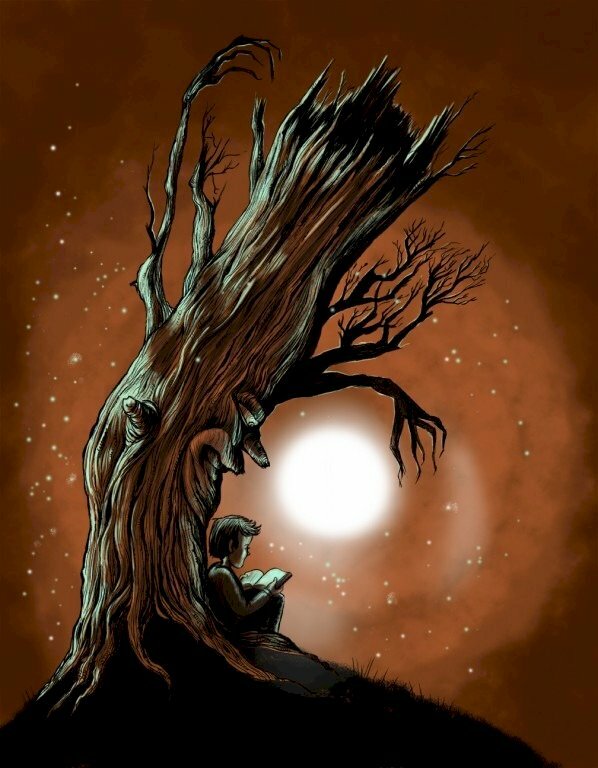 Ảnh hoạt hình cây cổ thụ và cậu bé ngồi đọc sách dưới bóng cây cổ thụ trong đêm trăng sáng